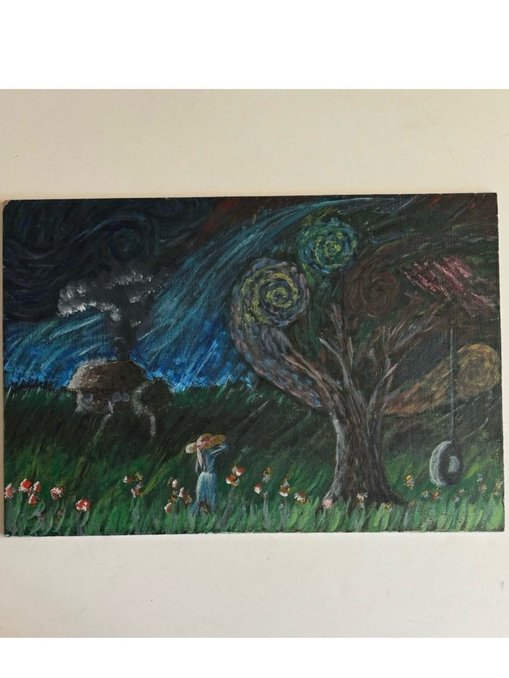 Vtg.Van Goug Fan Art original oil painting.18.5”x 12”.Moody starry night scene.